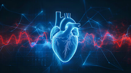Digital 3D illustration of a human heart with blue digital red and blue cardiac pulse line. on a black background with copy space. Heart health, cardiology, cardiovascular disease concept - obrazy, fototapety, plakaty