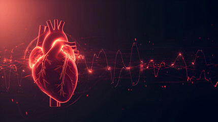 Abstract shape of human heart with digital red line of cardiac pulse. on a black background. Health, cardiology, cardiovascular disease concept - Powered by Adobe