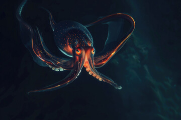 An eerie image of a deep-sea vampire squid lurking in the abyssal darkness - obrazy, fototapety, plakaty