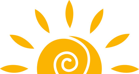 Yellow sun flat icon, sunshine and solar glow sunrise or sunset. Decorative half circle sun and sunlight. Hot solar energy for tan. Vector isolated on transparent background. Hand drawn symbol.