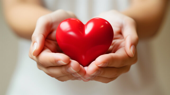 A close-up of a woman's hands holding a heart-shaped object, symbolizing love and care, against a clean