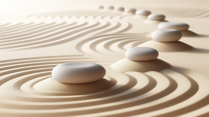 Fototapeta na wymiar Zen garden 3D vector, raked sand and stones, peaceful