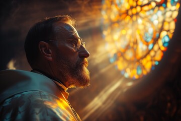 Reverent Priest Observing Stained Glass Window in Sunlit Church During Morning Prayer