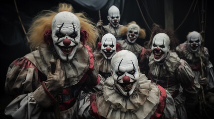 Scary clowns, group of people in scary clown costumes