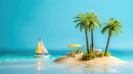 Secluded beach - miniature toy island with palm trees, sun umbrella, and sailboat on light blue background
