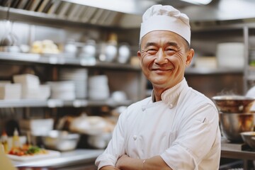 chinese chef in apron standing in a restaurant kitchen, arms crossed and smiling