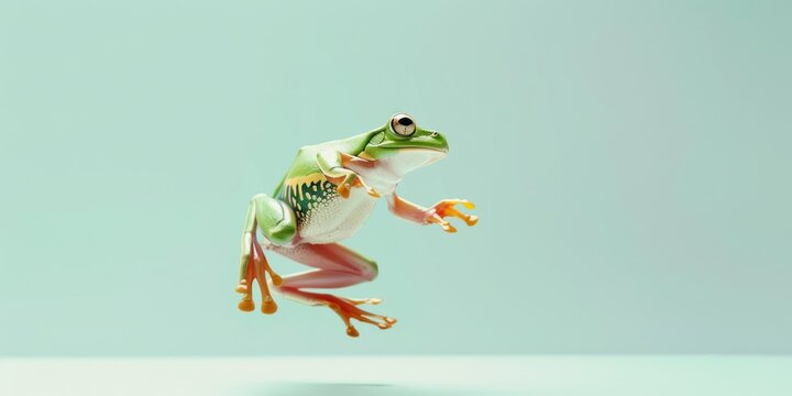 green frog jumping up in the air on the light green pastel background
