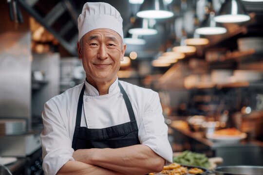 middle aged chinese chef in a restaurant kitchen smiling portrait