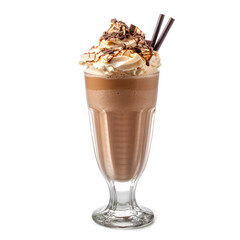 Chocolate milkshake cocktail with whipped cream, chocolate topping isolated on transparent background