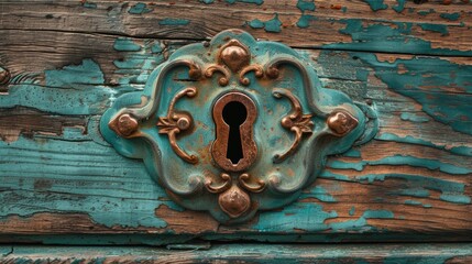 Antique decor - decorative element with copper keyhole on aged wood, vintage design image