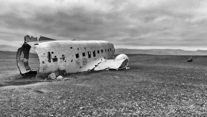 Aerial view of United States Navy DC plane wreck on the black beach at Solheimasandur