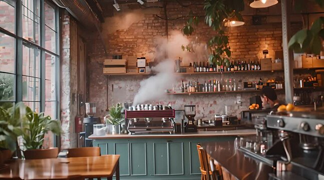 The coffee machine is heavily steaming in an industrial cafe house 