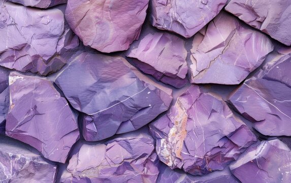 Layered purple stone cladding with varied shapes and a rough, textured appearance.