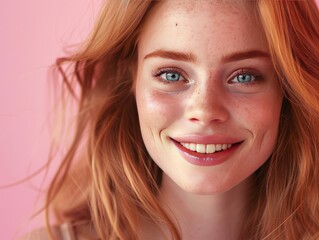 beautiful girl of model appearance smiling on a pink background
