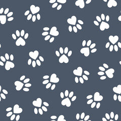 Seamless pattern of veterinary white dog footprints on a gray background