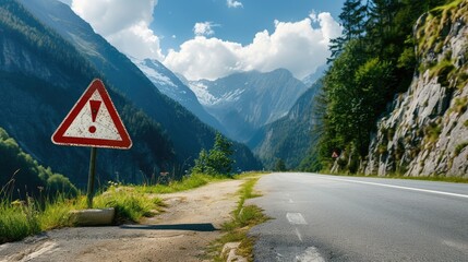 Mountainous road safety - danger alert sign with red triangle and exclamation mark on mountain highway