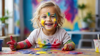 happy funny little girl played with paints and got dirty. Banner. Concept of art education, children's day.
