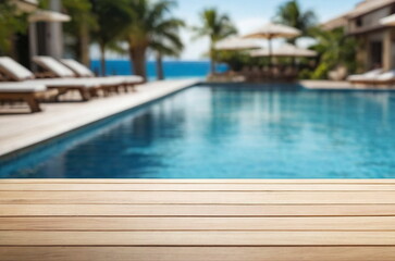 Fototapeta premium White wooden empty podium, product presentation , visual layout on summer travel hotel swimming pool background. Copy space