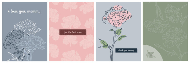 Posters cards for Mother's Day. Carnation flowers and congratulations for mothers. Collection of cards with linear flowers carnations, aesthetic minimalism, vector