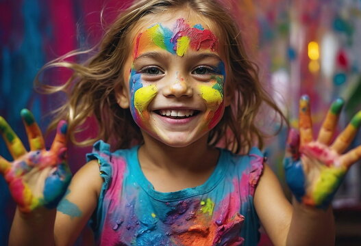 happy funny little girl played with paints and got dirty. Concept of art education, children's day.