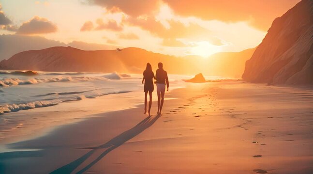 A love couple walking in the beach in the ocean side at beautiful sunset