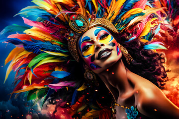 Femme maquillée pour le carnaval, avec coiffe en plumes colorées