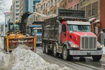 Massive snow and ice in downtown Montreal Montréal Quebec, Canada on sunny day with blue sky...