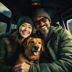 Panoramic Peaks: Middle-Aged Couple and Their Furry Friend