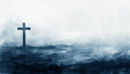 a cross sits on the ground near the fog Generative AI - obrazy, fototapety, plakaty
