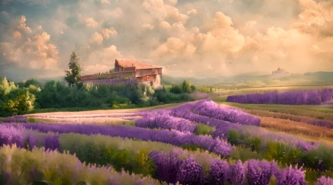 Lavender fields in Province, the wind is blows, painting 