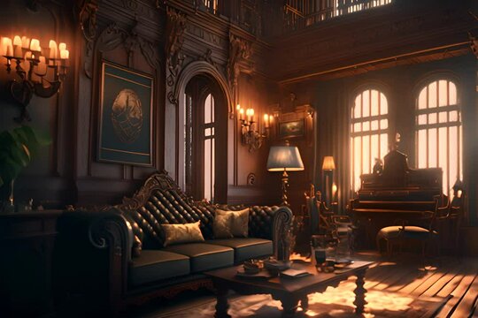 Slow interior zoom in a modern and old money style mansion with warm lights and candles 