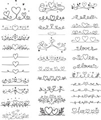 calligraphic design elements, Super big collection of hand drawn text dividers love hearts. Vector calligraphic lines, vintage borders and wedding laurels. Vector isolated floristic element