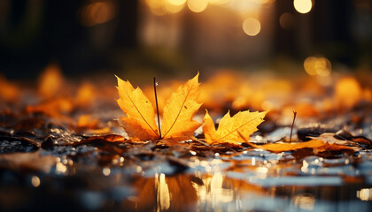 Naklejka na ściany i meble Vibrant autumn leaves reflect on tranquil pond, nature decoration generated by AI