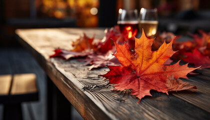 Autumn vibrant colors decorate the wood table, nature celebration generated by AI