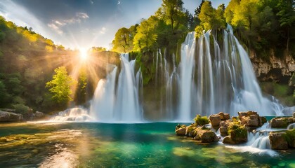 Amazing nature landscape, famous waterfall Skradinski buk at sunrise, Croatia, outdoor travel background - obrazy, fototapety, plakaty