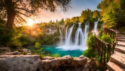 Amazing nature landscape, famous waterfall Skradinski buk at sunrise, Croatia, outdoor travel background - obrazy, fototapety, plakaty