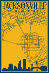 Yellow and blue hand-drawn framed poster of the downtown JACKSONVILLE, UNITED STATES OF AMERICA with highlighted vintage city skyline and lettering