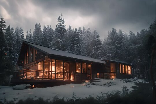 Warm lights flickering in a cozy modern cabin house in the snowy mountain neat a pine forest 