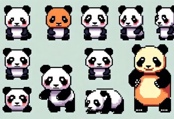 Pixel collection of 8 bit panda. Animal for game assets and cross stitch patterns in vector illustrations