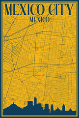 Yellow and blue hand-drawn framed poster of the downtown MEXICO CITY, MEXICO with highlighted vintage city skyline and lettering