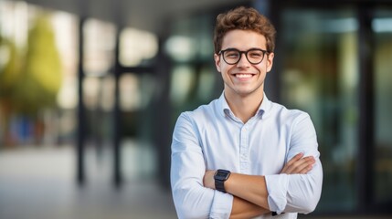 Obraz premium young student stands with folded arms in front of a building
