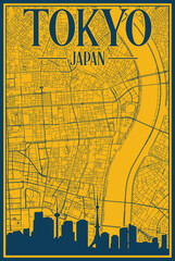 Yellow and blue hand-drawn framed poster of the downtown TOKYO, JAPAN with highlighted vintage city skyline and lettering