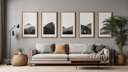 Blank poster wooden mock up frames on the wall in living room interior