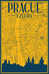 Yellow and blue hand-drawn framed poster of the downtown PRAGUE, CZECHIA with highlighted vintage city skyline and lettering