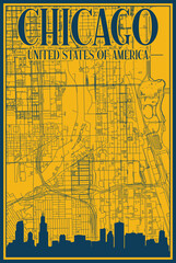Yellow and blue hand-drawn framed poster of the downtown CHICAGO, UNITED STATES OF AMERICA with highlighted vintage city skyline and lettering