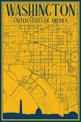 Yellow and blue hand-drawn framed poster of the downtown WASHINGTON DC, UNITED STATES OF AMERICA with highlighted vintage city skyline and lettering