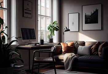 Minimalistic home office with sofa. Generative AI