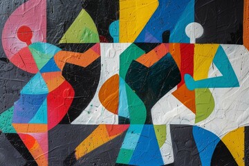 Geometric abstract shape dancing rhythm people street graffiti. Art wall paint drawing oil ink design. Romantic move art style