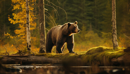 Majestic grizzly bear walking in tranquil autumn forest generated by AI - obrazy, fototapety, plakaty