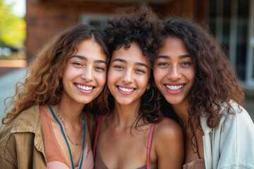 Fototapeta premium Trio of vibrant women sharing a heartfelt moment